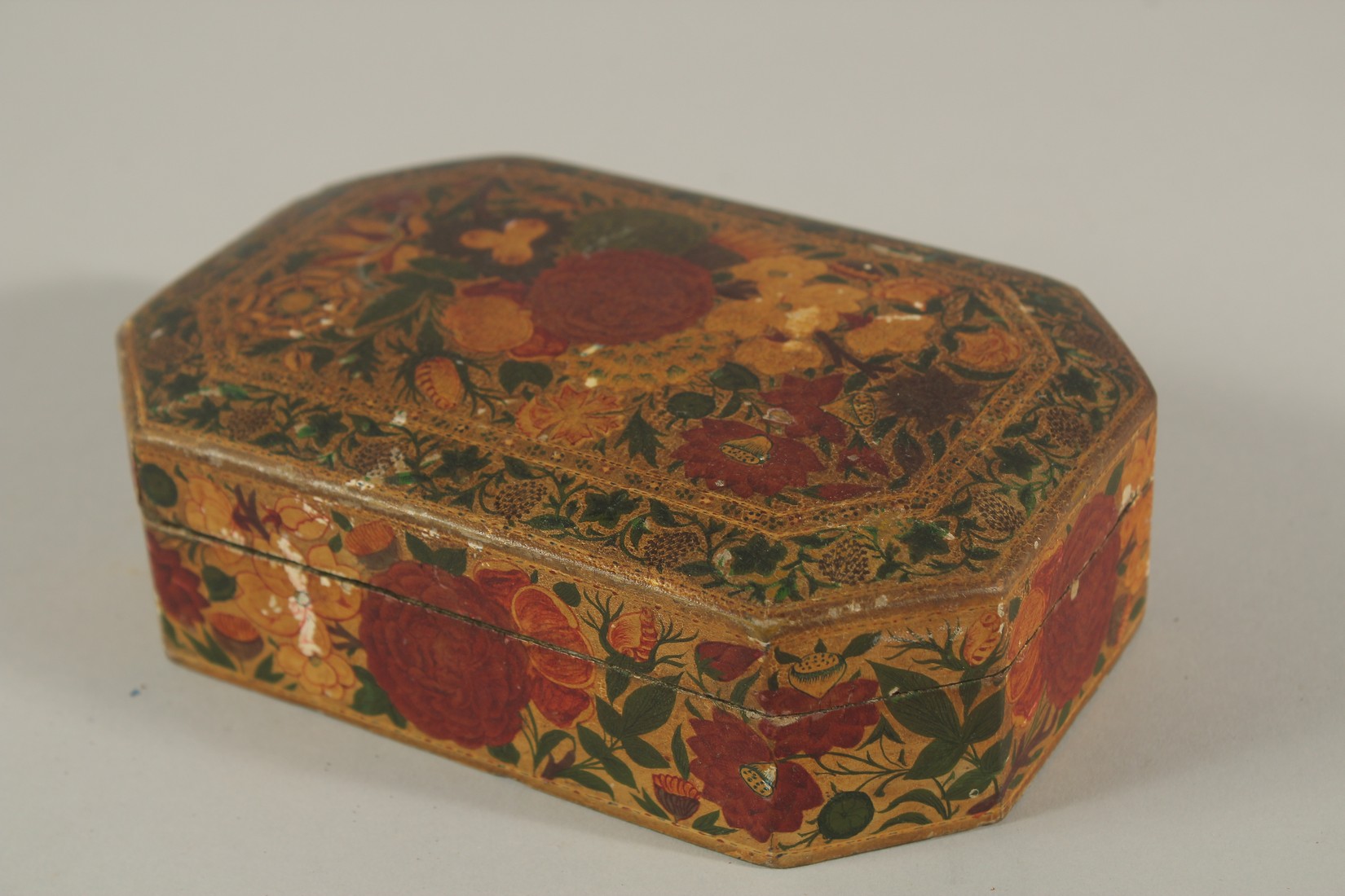 A 19TH CENTURY INDIAN KASHMIRI GILDED AND LACQUERED PAPIER MACHE BOX, SIGNED BY SUFFERING MOSES, - Image 2 of 4