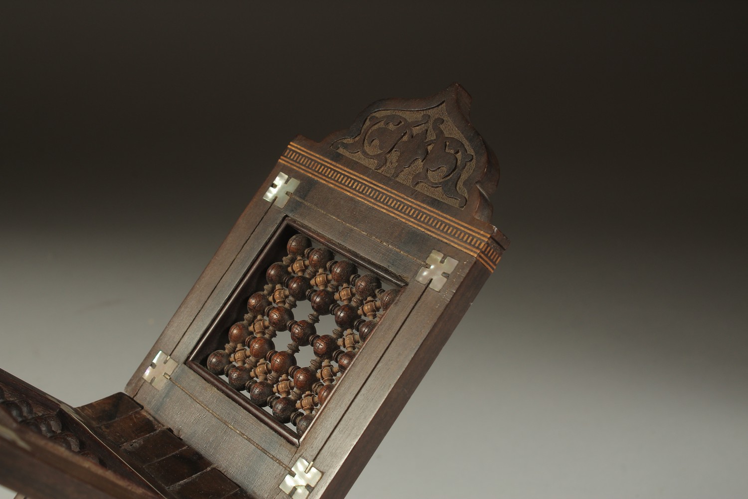 A FINE 19TH CENTURY MOTHER OF PEARL INLAID ENGRAVED WOODEN QURAN STAND - possibly Ottoman or - Image 3 of 5