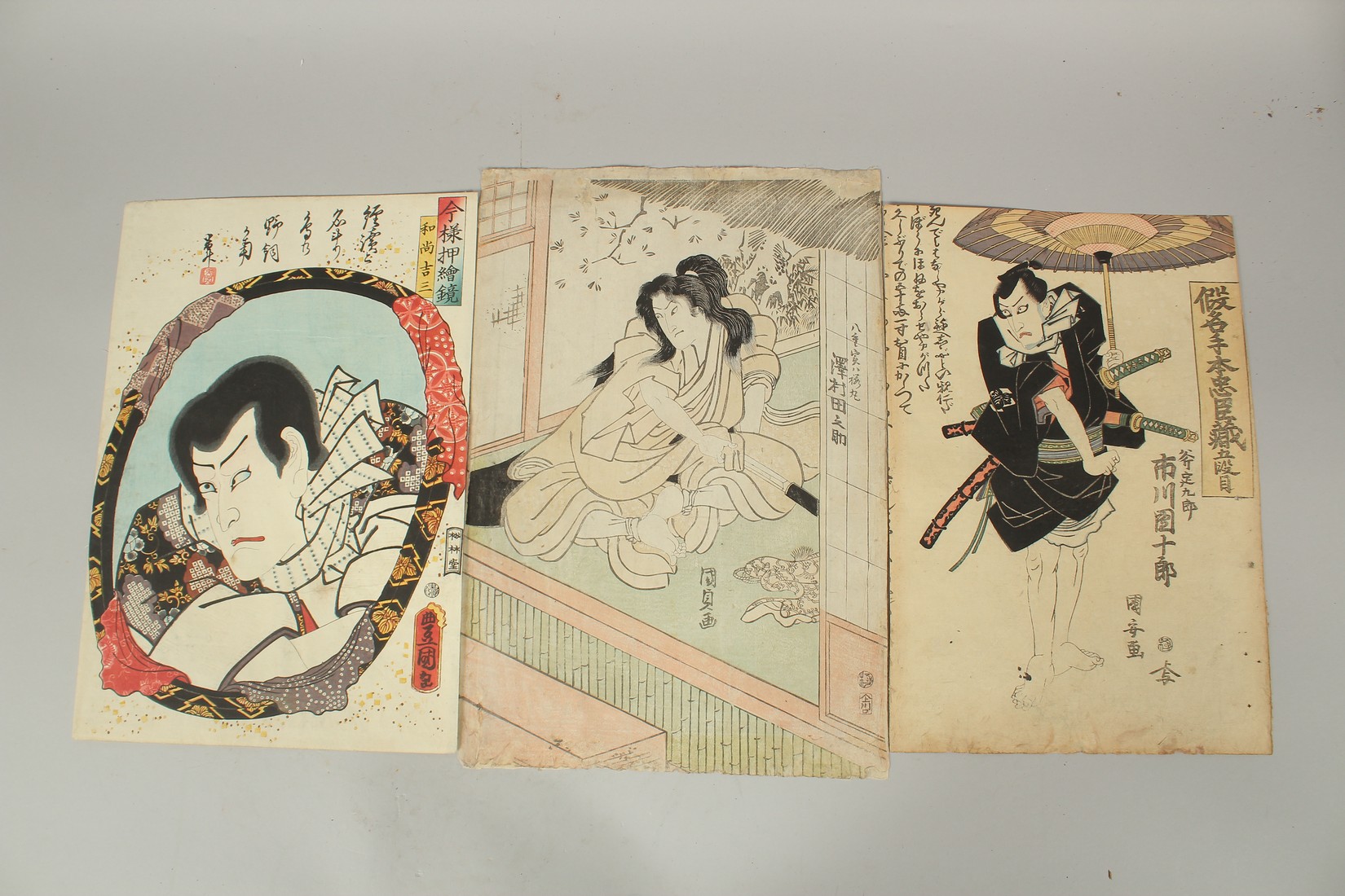 TOYOKINU III UTAGAWA (1786-1865) & KUNIYASU UTAGAWA (1794-1832): KABUKI THEATRE PLAY, three early-