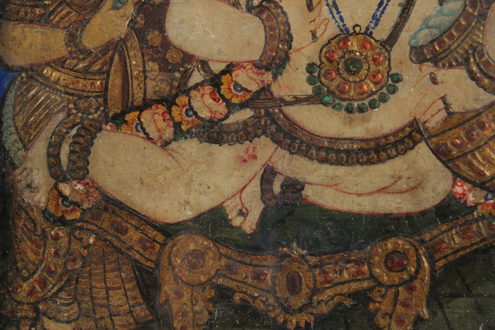 A FINE 19TH CENTURY SOUTH INDIAN TANJORE PAINTING OF ENTHRONED BABY KRISHNA, 39cm x 34cm overall. - Image 3 of 3