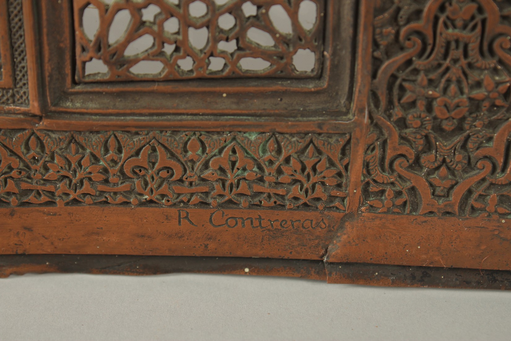 A VERY FINE 19TH CENTURY SPANISH HISPANO MORESQUE COPPER OPENWORKED PANEL, SIGNED R. CONTTRERAS, - Image 9 of 10