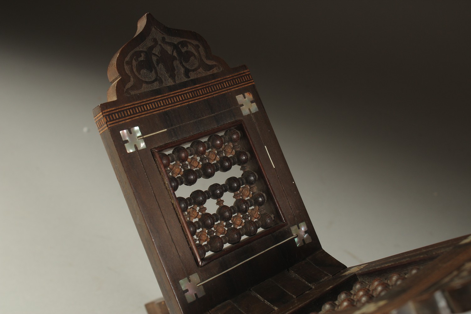 A FINE 19TH CENTURY MOTHER OF PEARL INLAID ENGRAVED WOODEN QURAN STAND - possibly Ottoman or - Image 2 of 5