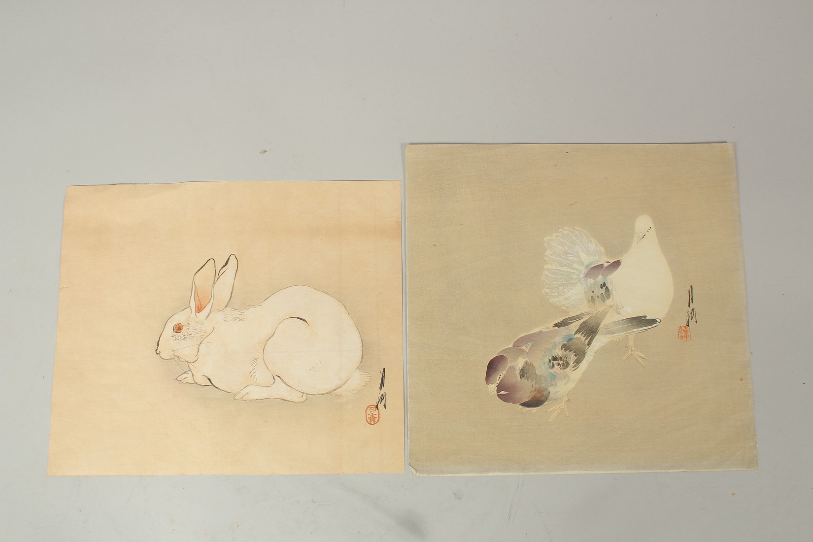 GEKKO OGATA (1859-1920): RABBIT AND DOVES, two late 19th century original Japanese woodblock prints,