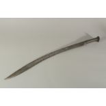 AN 18TH CENTURY OTTOMAN TURKISH YATAGHAN SWORD WITH WHITE METAL HILT AND FINE SILVER INLAID
