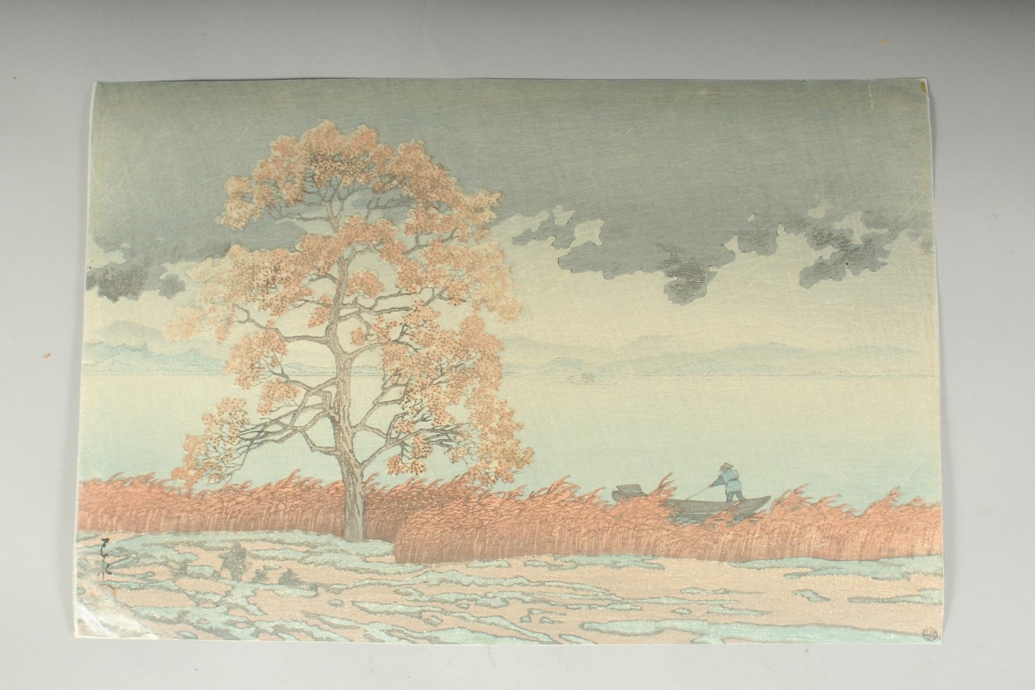 HASUI KAWASE (1883-1957): LAKESIDE SHOWER AT MATSUE, c. 1930s; an original Japanese woodblock