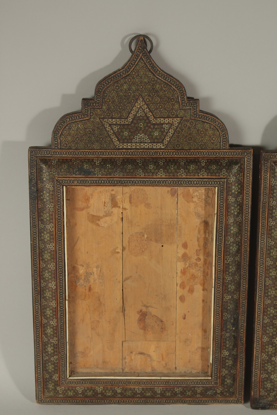 TWO LARGE 19TH CENTURY PERSIAN QAJAR MOSAIC INLAID WOODEN FRAMES, 49cm x 28cm, (2). - Image 2 of 4