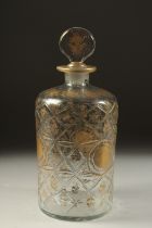 A VERY FINE 19TH CENTURY OTTOMAN TURKISH GILDED BAYKOZ GLASS DECANTER AND STOPPER, 26.5cm high.