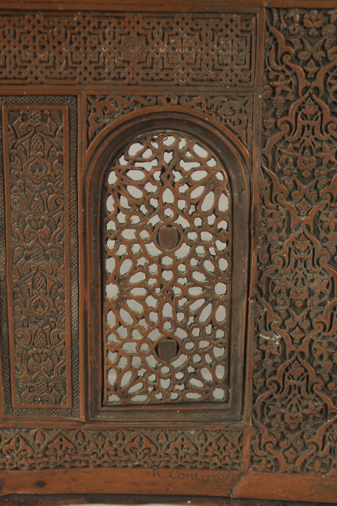 A VERY FINE 19TH CENTURY SPANISH HISPANO MORESQUE COPPER OPENWORKED PANEL, SIGNED R. CONTTRERAS, - Image 4 of 10