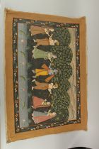 AN EARLY 20TH CENTURY INDIAN PAINTED FABRIC DEPICTING KRISHNA AND GOPIES, 100cm x 70cm.