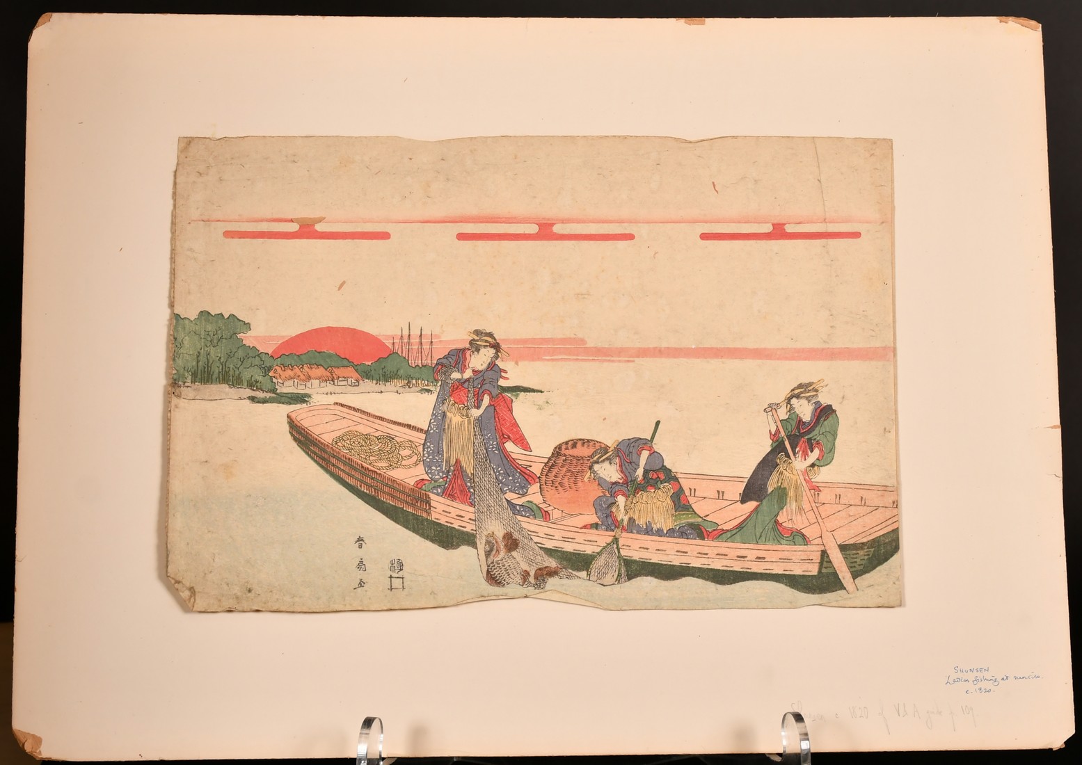 Shunsen, Japanese Woodcuts, females fishing at sunrise, 10" x 15" (25 x 38cm), along with Shuntei, a - Image 3 of 3