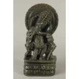 A VERY FINE AND LARGE LATE 19TH - EARLY 20TH CENTURY INDIAN CARVED GREEN HARDSTONE GANESH, 35.5cm