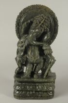 A VERY FINE AND LARGE LATE 19TH - EARLY 20TH CENTURY INDIAN CARVED GREEN HARDSTONE GANESH, 35.5cm