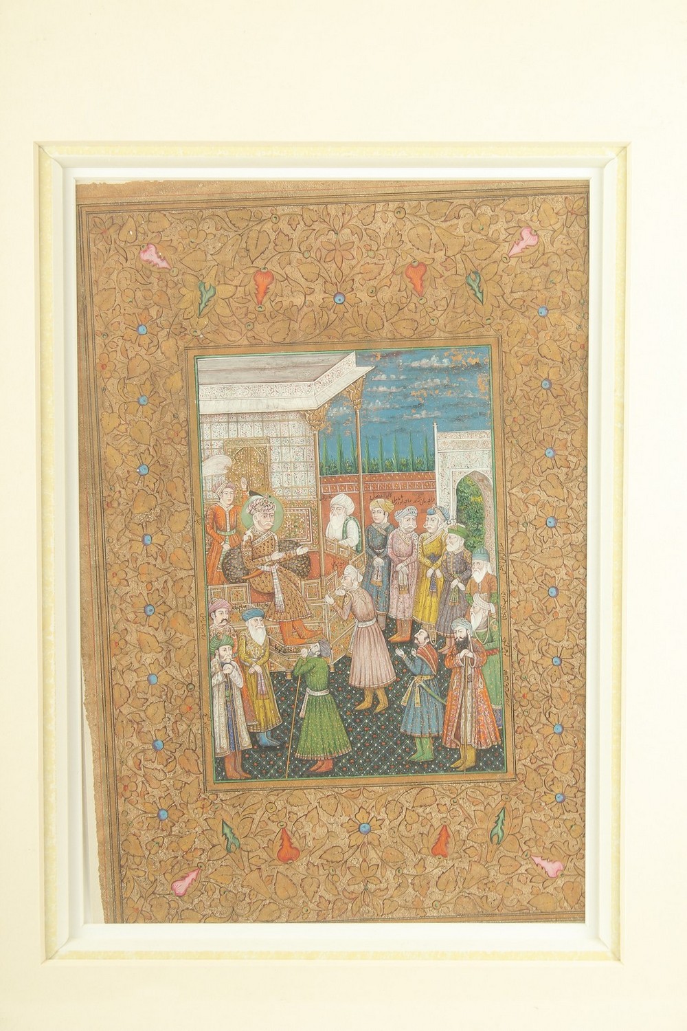 A FINE AND LARGE LATE 19TH CENTURY INDIAN MINIATURE PAINTING depicting enthroned Akbar Shah, - Image 2 of 2