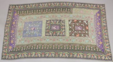 A FINELY EMBROIDERED INDIAN SILK TEXTILE, with peacocks and floral decoration, 174cm x 100cm.