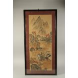 A CHINESE PAINTING ON PAPER, depicting hunters on horseback chasing a tiger within a mountainous