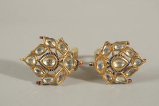 A VERY FINE 19TH CENTURY INDIAN ENAMELLED CLEAR STONE INSET GOLD EARRINGS, 3cm tall, weight 17g.