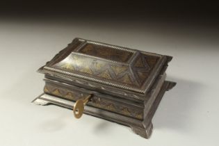 A KOFTGARI GOLD AND SILVER INLAID STEEL BOX, 15.5cm x 11.5cm.