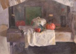 George Weissbort (1928-2013), a still life study of mixed objects, oil on canvas laid down, 15" x