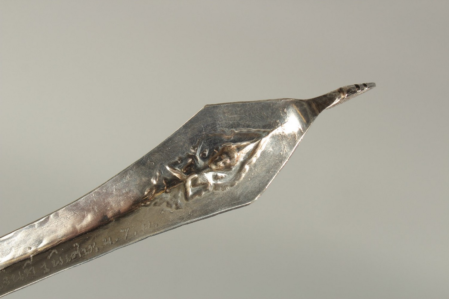 A NEAR PAIR OF LARGE SILVER SPOONS WITH EMBOSSED BUDDHA TO HANDLES, 32cm long and 28cm long, (2). - Image 4 of 8