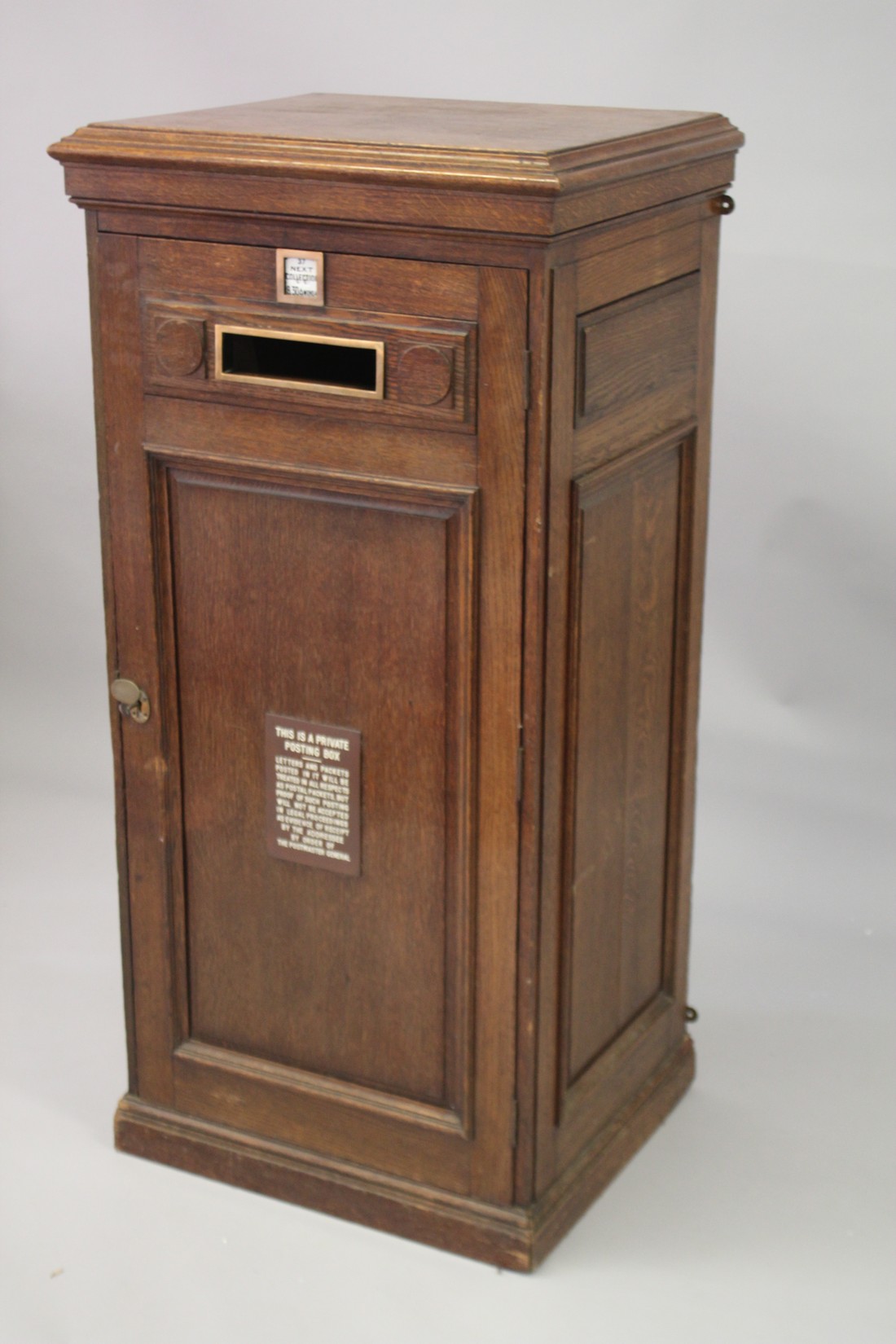 A VERY GOOD LARGE OAK COUNTRY HOUSE POST BOX, with brass plaques and letter slot, panelled door - Image 2 of 7