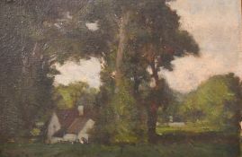 Attributed to Frank Lewis Emanuel (1866-1948), figure by a cottage surrounded by trees, oil on