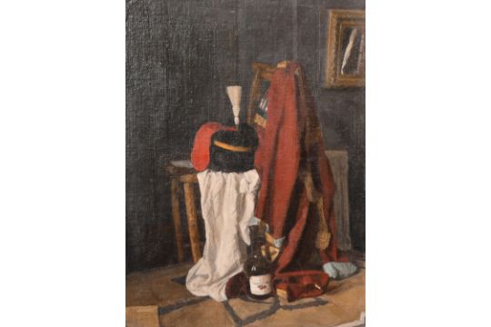 Georges Weissbort (1928-2013), a still life featuring a soldier's clothes draped over a chair, oil - Image 1 of 3