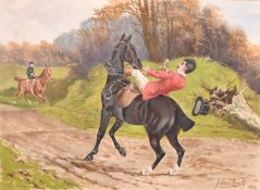 Francis Cecil Boult (late 19th Century), a startled huntsman being thrown from his horse with a lady