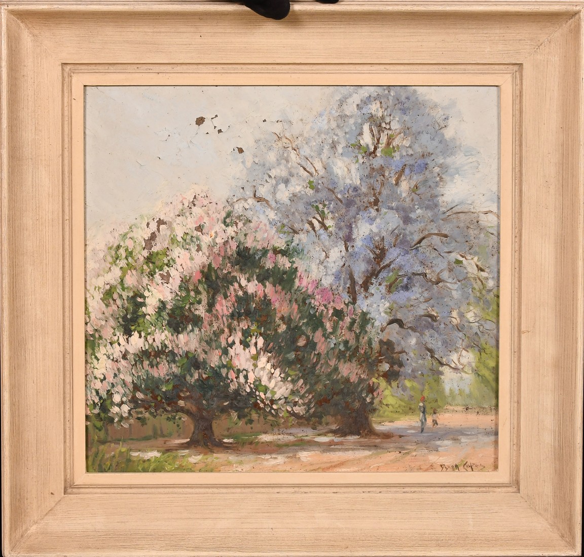 Dixon Copes (1914-2002), figures walking beneath Jacaranda trees, oil on board, signed, 14.5" x - Image 2 of 4