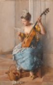 Anton Laupheimer (1848-1927), German, an elegant female holding a guitar sat reading a letter, oil