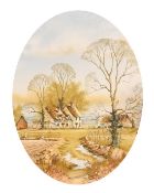 Andrew Findlay (20th Century), a pair of oval watercolour scenes of houses in a landscape, each