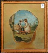 19th Century, Continental School, Children outside playing with a top hat on a stool and a toy in