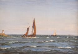 Patrick Downie (1854-1945), barges under sail leaving a port, watercolour and gouache, signed, 14