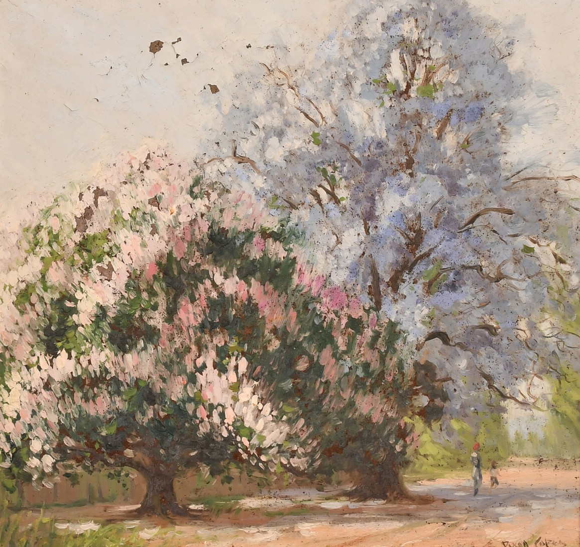 Dixon Copes (1914-2002), figures walking beneath Jacaranda trees, oil on board, signed, 14.5" x