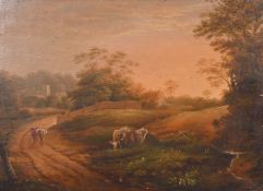 English School, 19th Century, 'Evening' a pastoral landscape with cattle at sunset, oil on panel,
