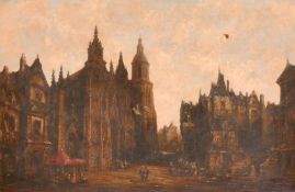 H. Schafer (19th Century), 'Cathedral at Evreux, France', figures in a cathedral square, oil on