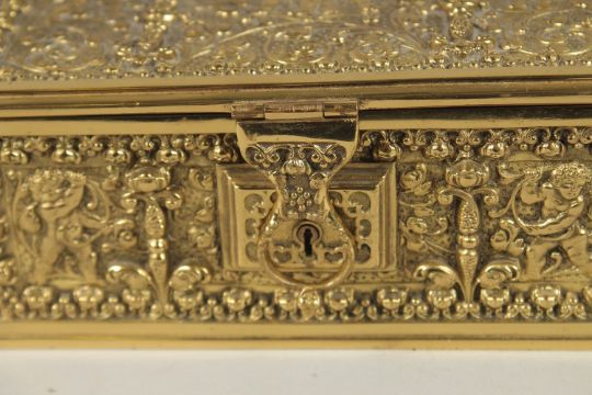 A GOOD BRASS JEWELLERY BOX by ERHARD & SOHNE, CIRCA. 1920, with velvet interior, the case with - Image 4 of 6