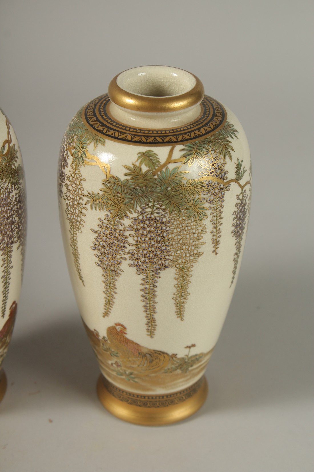 A VERY FINE PAIR OF JAPANESE SATUSMA VASES, painted with hens and flora with fine gilt highlights, - Image 5 of 8