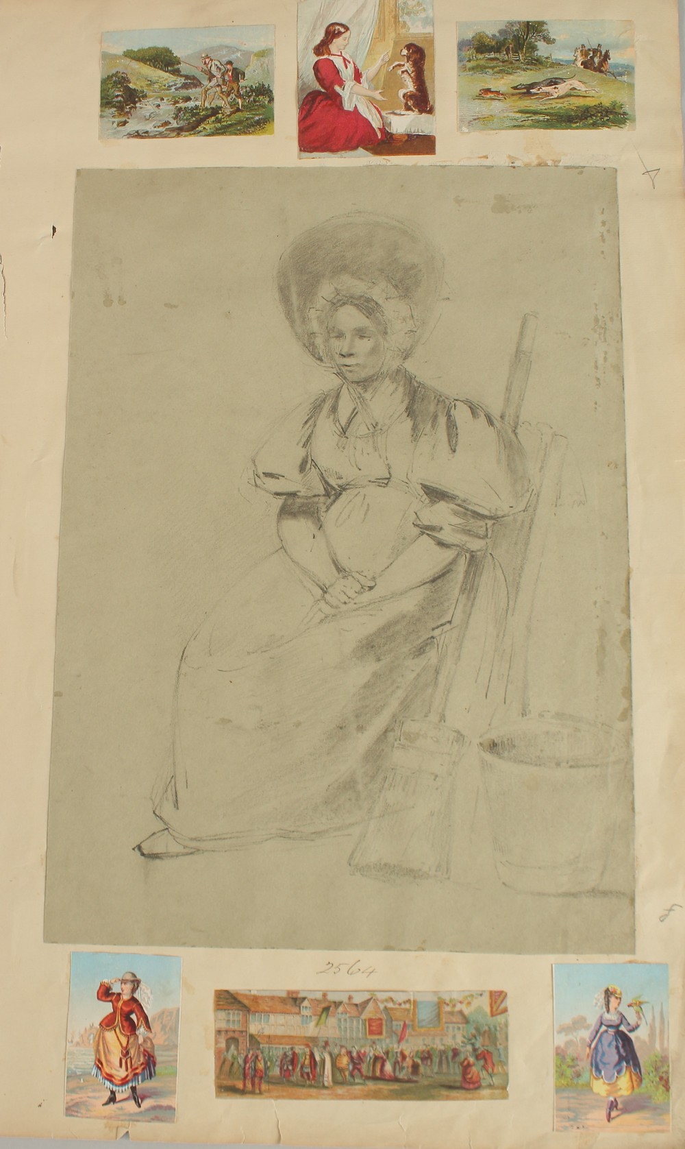19th Century English School, A study of a woman, seated with a mop and bucket, pencil, 13.25" x 9.