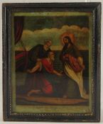 AN EARLY 19TH CENTURY COLOURED PRINT ON GLASS. 