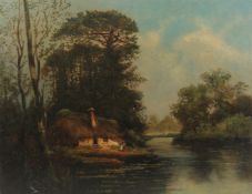19TH CENTURY ENGLISH SCHOOL. A thatched cottage beside a river, trees and figures in the foreground,