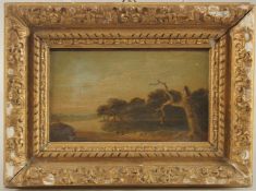 Two figures in a river landscape, oil on paper, 4.5