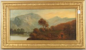 19TH CENTURY ENGLISH SCHOOL. Highland loch scene with a small sailing boat, figure in the