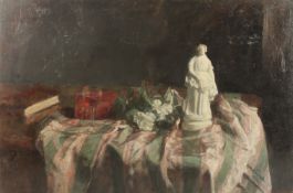 GEORGE WEISSBORT (1928 - 2013). Still Life. A Parian figure, a wine glass and books on a striped