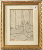 Attributed to Stanislas Lepine (1835-1892) French, A study of trees along a riverside, pencil with