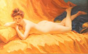 KONSTANTIN RAZUMOV (b. 1974) (RUSSIAN). A reclining female nude, oil on canvas. Signed and inscribed