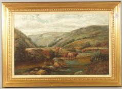 AFTER LOUIS B. HURT (19TH CENTURY). Highland cattle at a rocky stream, with hills, oil on canvas.