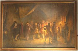 LATE 19TH CENTURY CONTINENTAL SCHOOL. Figures in a street playing instruments by firelight, oil on