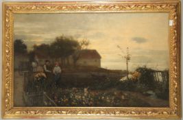 KARL BENNEWITZ VON LOFEN ( 1856- 1934)A MAN AND WOMAN in a garden with flowers, horse drawn cart and