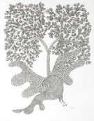 RAM SINGH URVETI (B. 1970) INDIAN GOND ARTIST. A bird beneath a tree, ink on paper. Signed, 14