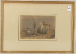 Continental School, Circa 1834, female figures on the road to buildings with a bay beyond,